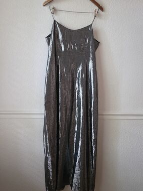 Rickie Freeman for Teri Jon Silver Metallic Slip Maxi Dress
